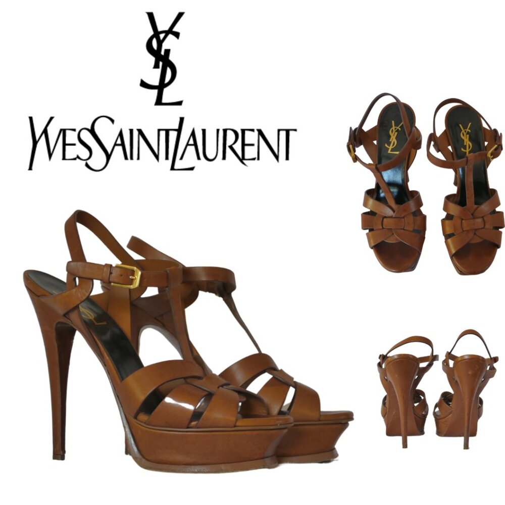 YSL Tribute platform sandal sz 37 classic 5.5” heels in italian leather